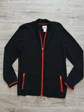 Chico's Black Vintage Style Knit Cardigan Jacket with Red Trim & Double Zipper